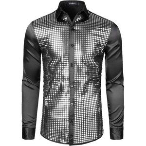 Mens 70s Disco Party Costume Gold Silver Sequins Long Sleeve Button Down Shirts